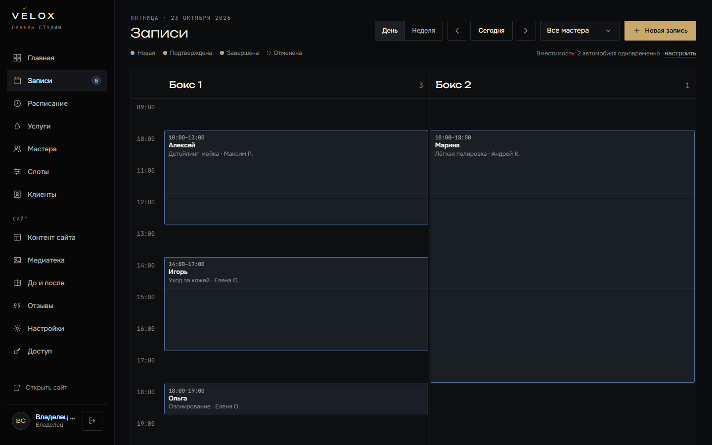 Admin panel: the day’s bookings by bay